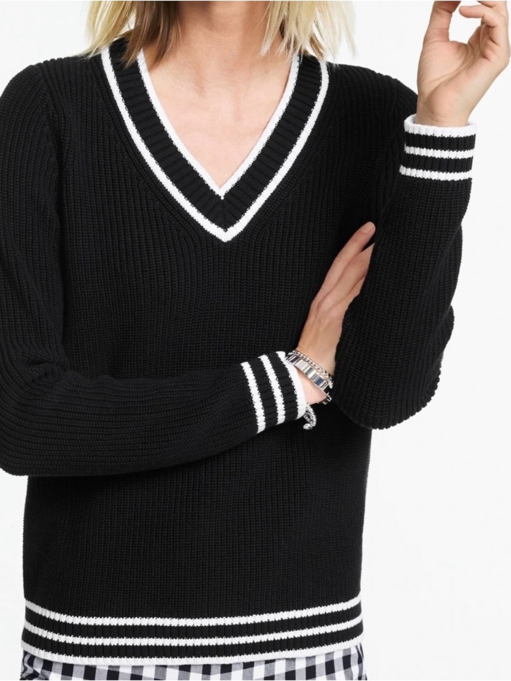 Talbots Black V-Neck Sweater with White Stripe Trim